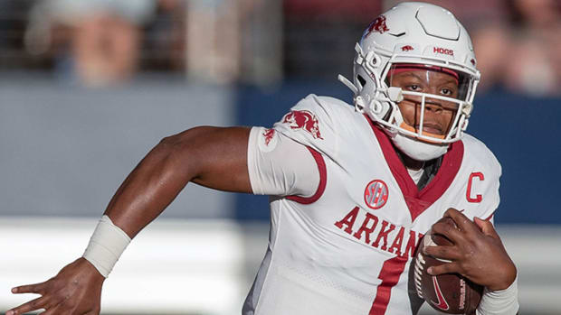 Arkansas Razorbacks quarterback KJ Jefferson runs downfield during a 23-21 loss to the Texas A&M Aggies on Saturday night, Sept. 24, 2022, at AT&T Stadium in Arlington, Texas.
